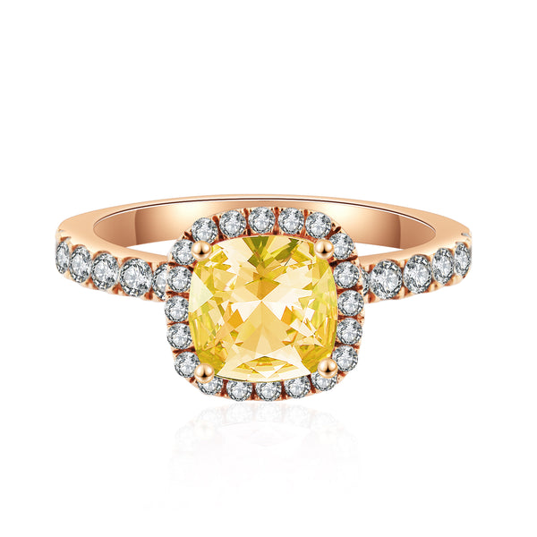 10K Rose Gold Yellow Cushion Halo Pave Solitaire Ring (10KR019)