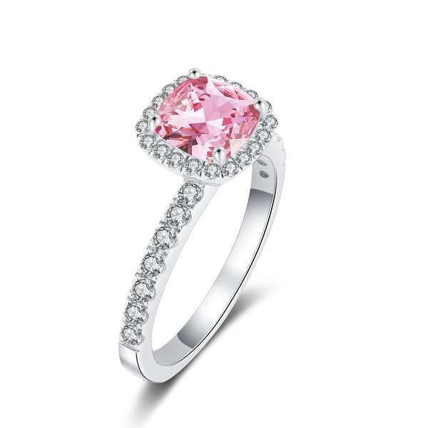 Pink Cushion Halo Pave Solitaire Ring (JR075)