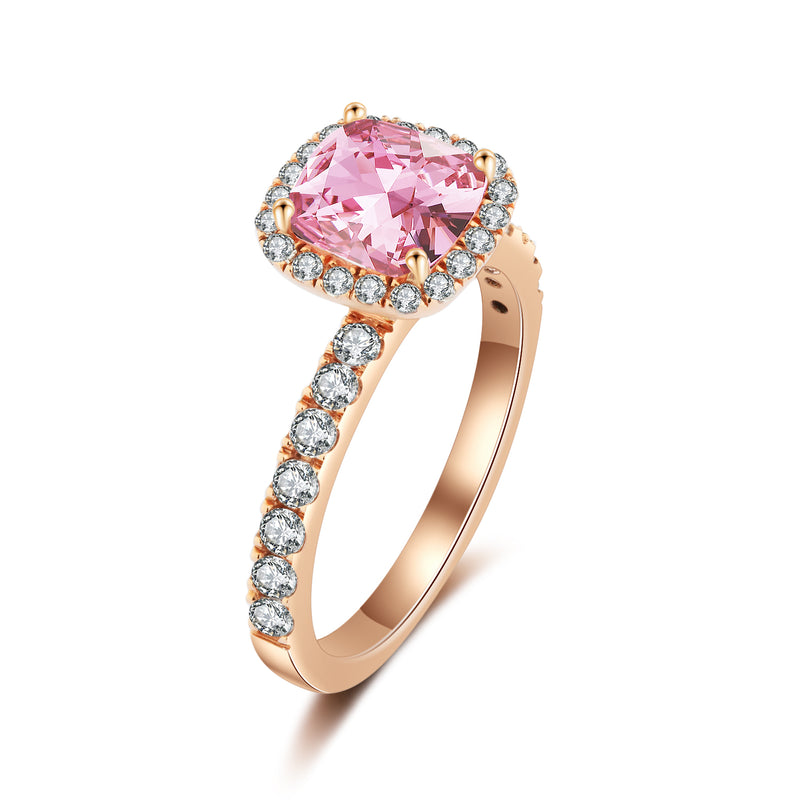 10K Rose Gold PINK Cushion Halo Pave Solitaire Ring (10KR019)