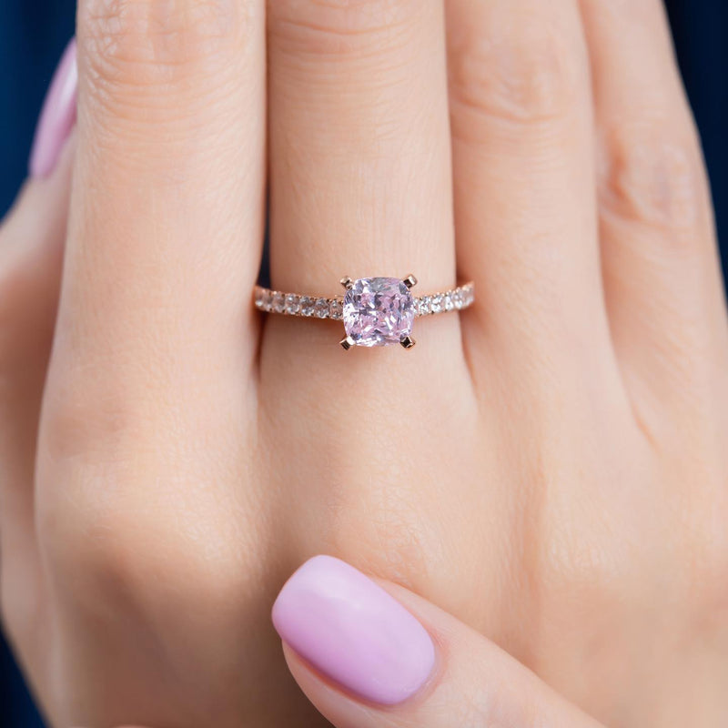 10K Rose Gold Pink Cushion Pave Solitaire Ring (10KR024)