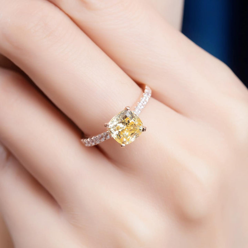 10K Rose Gold Yellow Cushion Pave Solitaire Ring (10KR029)