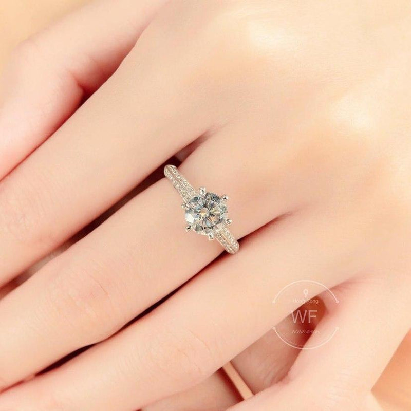 10K White Gold Classic 6 Claws Pave Solitaire Ring 10K金經典六爪碎鑽戒指 (10KR018)