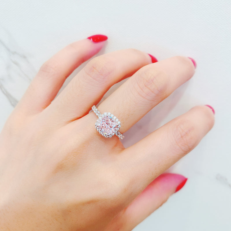 Pink Cushion Halo Pave Solitaire Ring (JR075)