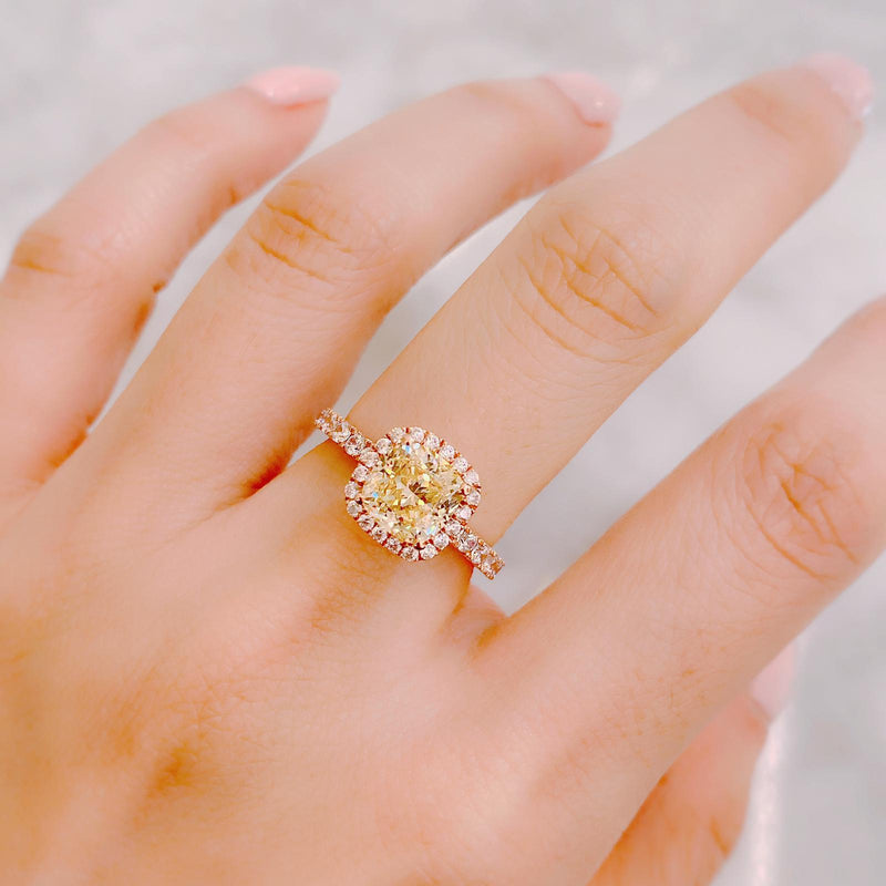 10K Rose Gold Yellow Cushion Halo Pave Solitaire Ring (10KR019)