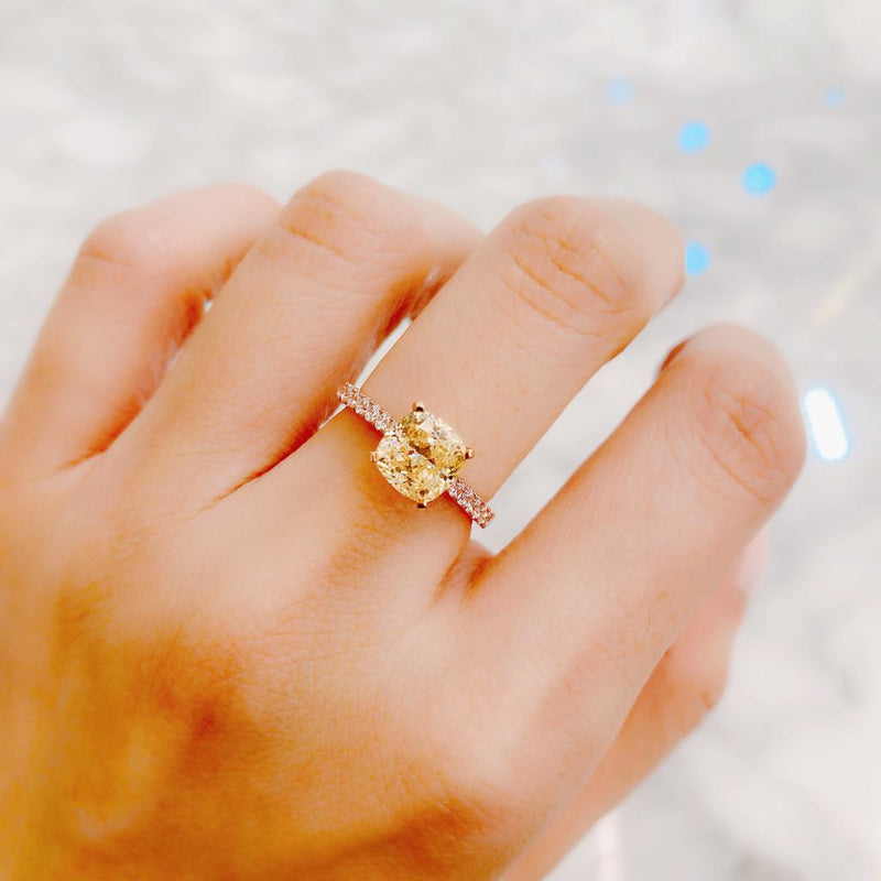 10K Rose Gold Yellow Cushion Pave Solitaire Ring (10KR029)