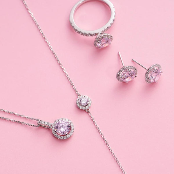 Halo Setting Pink Earrings 粉鑽白光環耳環 (JE025)